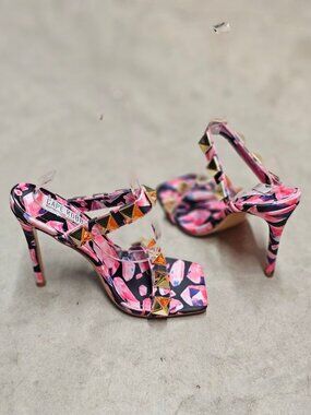 Pink & Gold Studded High Heel Sandals With Floral Pattern Open Toe Stiletto Heel